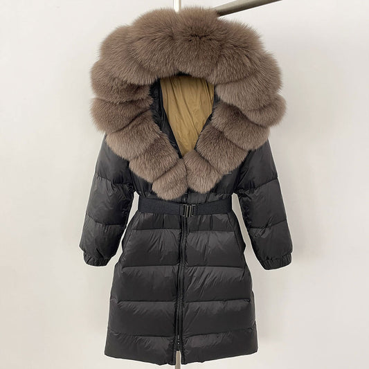 Women's Long Cinched Hoodie Real Fox Collar Fur Down Jacket Coat